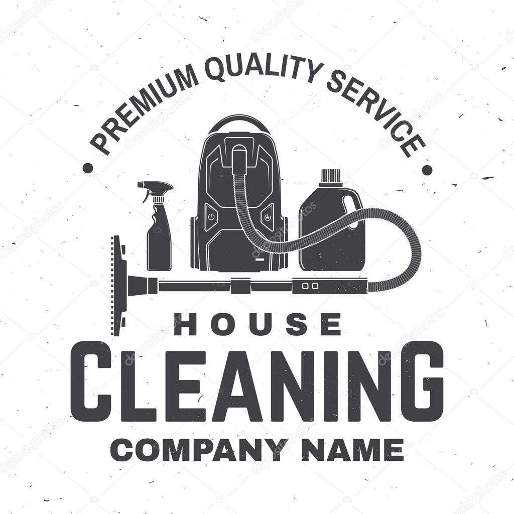 Cleaning company badge, emblem. Vector illustration. Concept for shirt, print, stamp or tee. Vintage typography design with cleaning equipments. Cleaning service sign for company related business