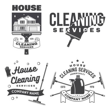 Temizlik şirket rozet, amblem. Vektör çizim. Gömlek, damga veya tee için kavram. Temizleme aletleri vintage tipografi tasarımı. Temizlik hizmeti işareti şirket için iş ilgili