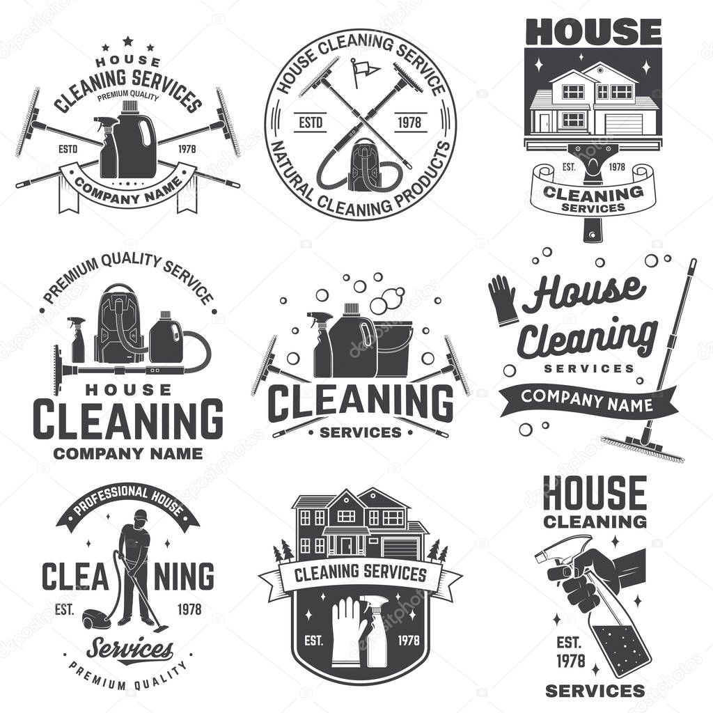 Cleaning company badge, emblem. Vector illustration. Concept for shirt, print, stamp or tee. Vintage typography design with cleaning equipments. Cleaning service sign for company related business
