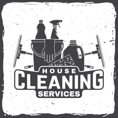 Temizlik şirket rozet, amblem. Vektör çizim. Gömlek, damga veya tee için kavram. Temizleme aletleri vintage tipografi tasarımı. Temizlik hizmeti işareti şirket için iş ilgili