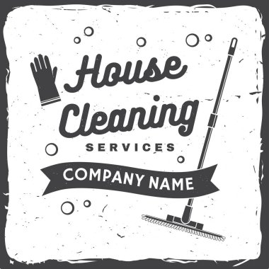 Temizlik şirket rozet, amblem. Vektör çizim. Gömlek, damga veya tee için kavram. Temizleme aletleri vintage tipografi tasarımı. Temizlik hizmeti işareti şirket için iş ilgili