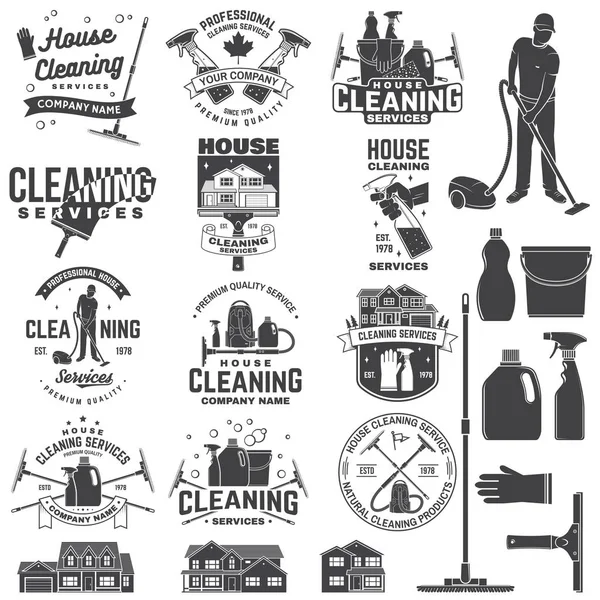 Schoonmaak bedrijf badge, embleem. Vectorillustratie. Concept voor shirt, stempel of tee. Vintage typografie design met het schoonmaken van uitrustingen. Schoonmaak dienst teken voor bedrijf gerelateerde zaken — Stockvector