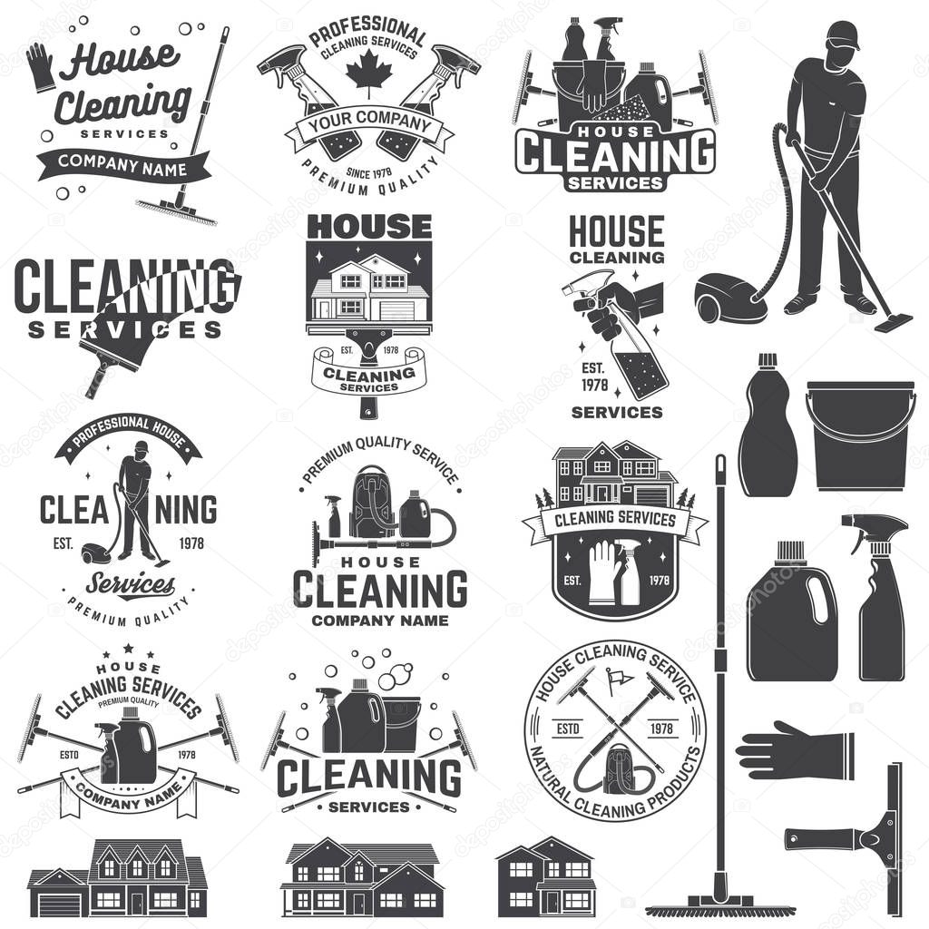 Set of cleaning company services badge, emblem. Vector. Concept for shirt, print, stamp or tee. Vintage typography design with cleaning equipments. Cleaning service sign for company related business