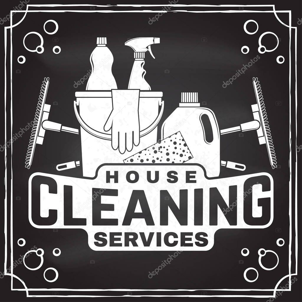 Cleaning company badge, emblem. Vector illustration. Concept for shirt, print, stamp or tee. Vintage typography design with cleaning equipments. Cleaning service sign for company related business