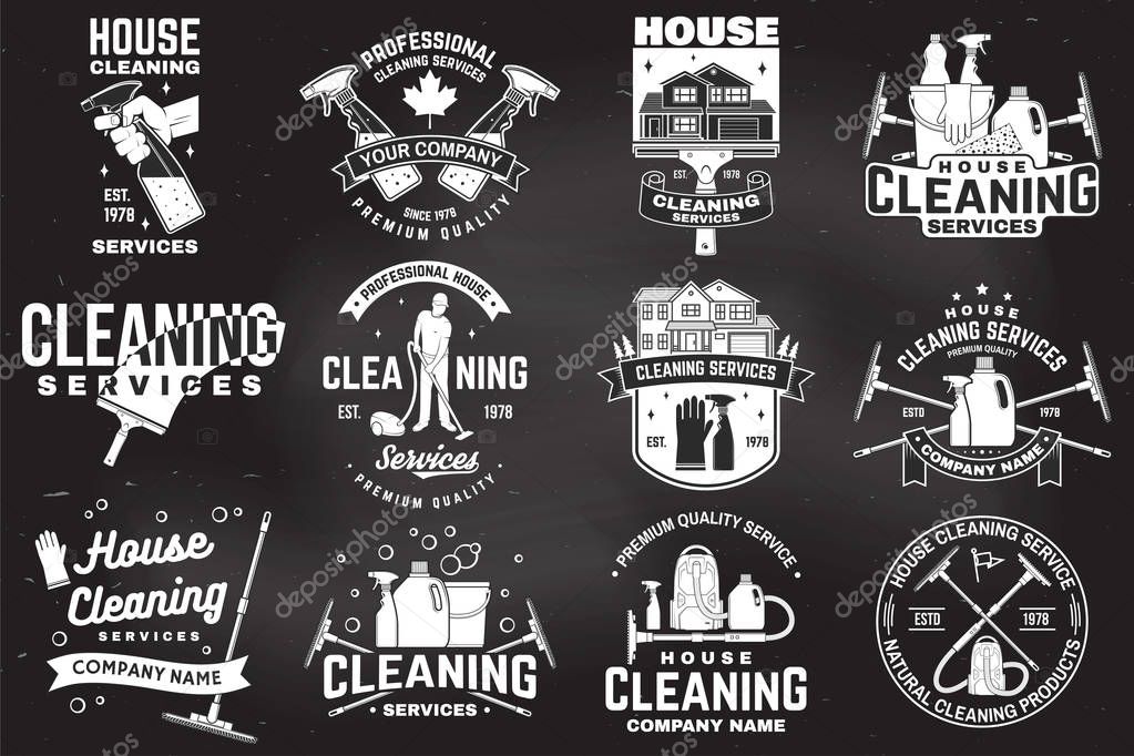 Set of cleaning company services badge, emblem. Vector. Concept for shirt, print, stamp or tee. Vintage typography design with cleaning equipments. Cleaning service sign for company related business