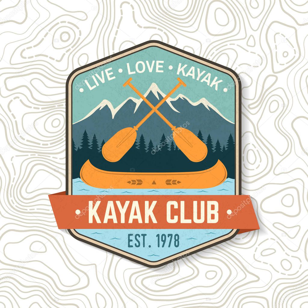 Kayak Club. Live, love, kayak. Vector. Concept for shirt, print, stamp or tee. Vintage design with mountain, paddles and boat silhouette. Extreme water sport. Outdoor adventure emblems patches
