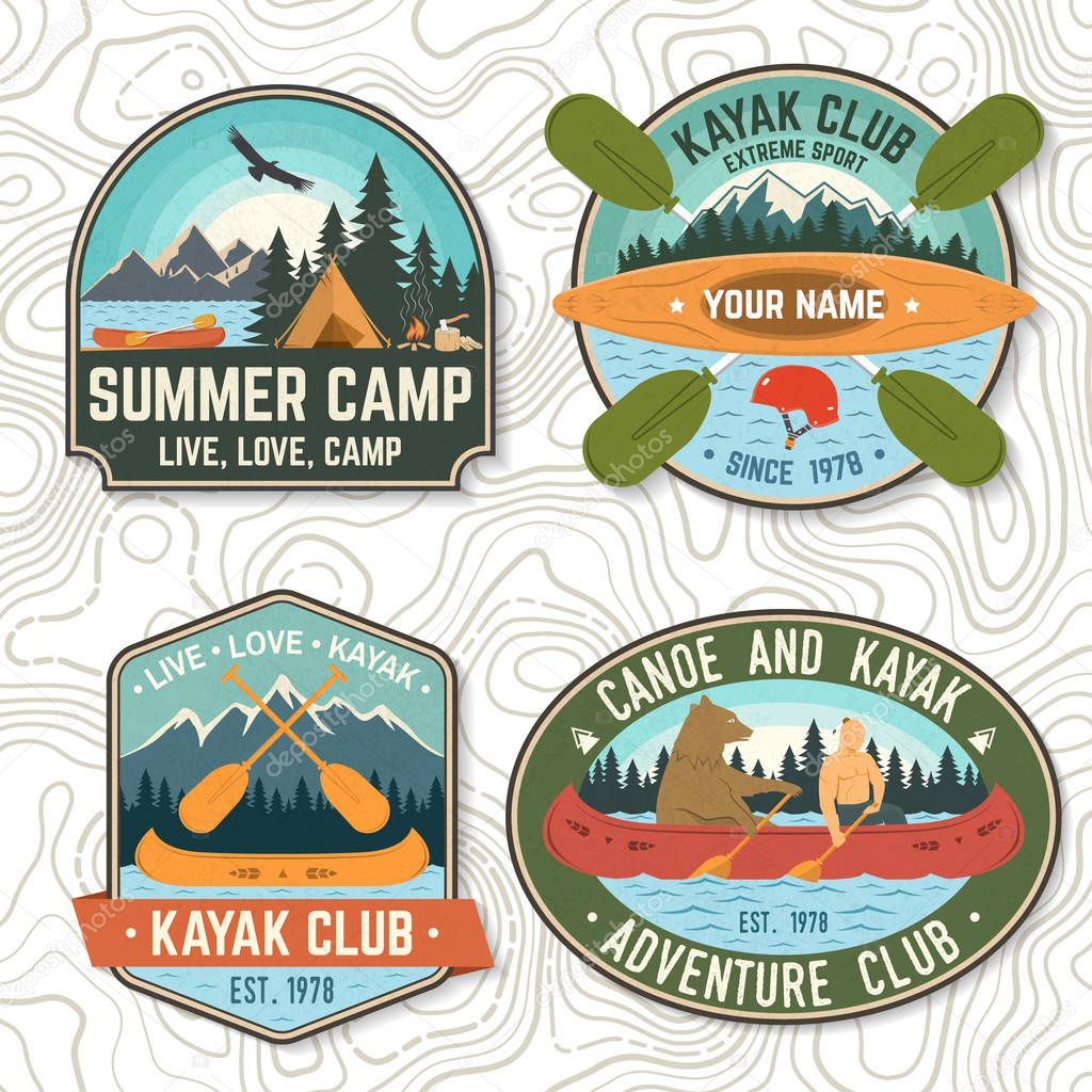 Set of canoe and kayak club badges Vector. Concept for patch, shirt, print or tee. Vintage design with mountain, river, american indian and kayaker silhouette. Extreme water sport kayak patches