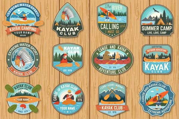 Set of canoe and kayak club badges Vector. Concept for patch, shirt, print or tee. Vintage design with mountain, river, american indian and kayaker silhouette. Extreme water sport kayak patches — Stock Vector
