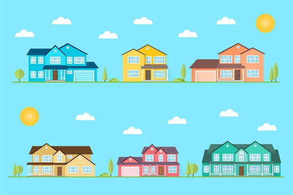 Barrio con casas ilustradas en el fondo azul. Vector icono plano suburbano casas americanas día. Para el diseño web y la interfaz de aplicación, también es útil para infografías. Vector . — Archivo Imágenes Vectoriales