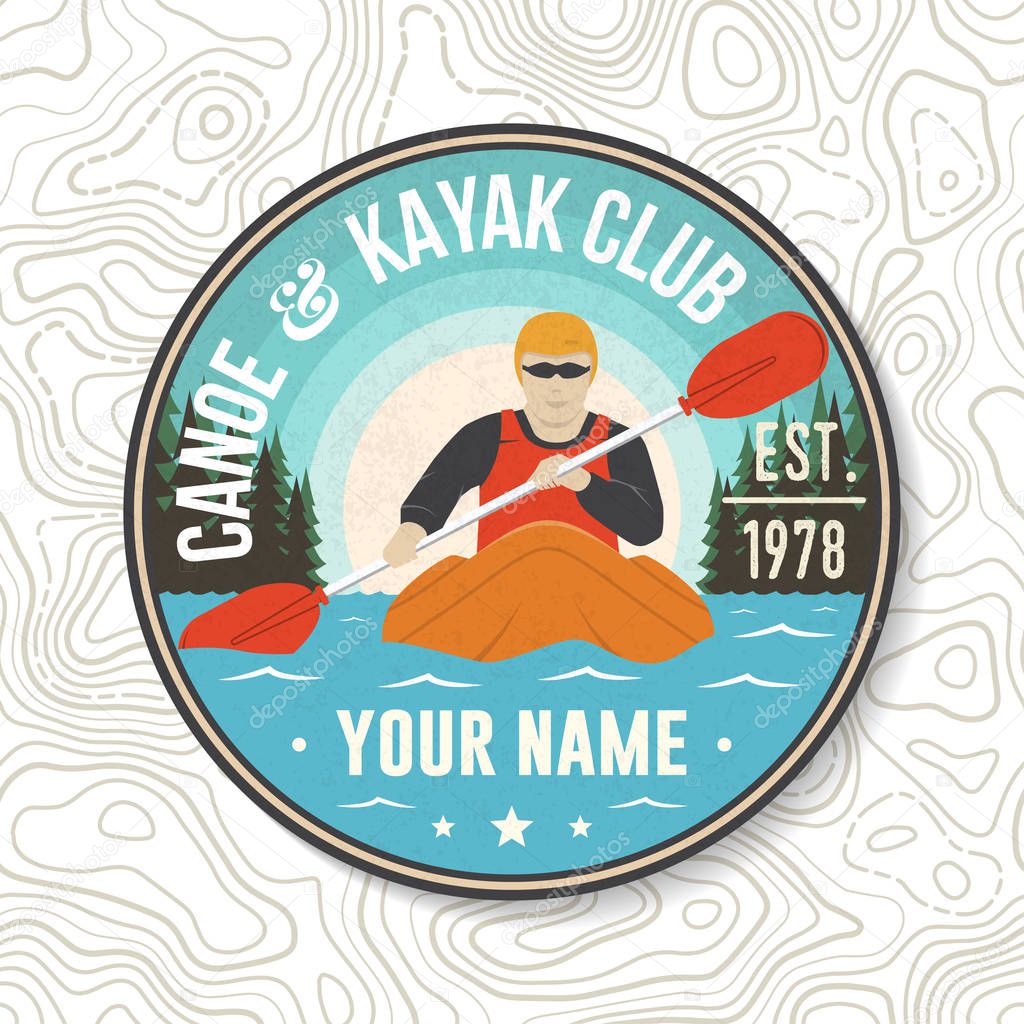 Canoe and kayak Club patch. Vector. Concept for shirt, print, stamp or tee. Vintage typography design with kayaker silhouette. Extreme water sport. Outdoor adventure emblems, kayak patches.