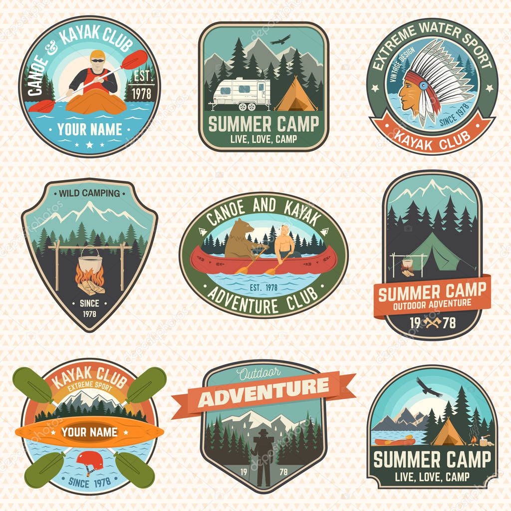 Set of summer camp, canoe and kayak club badges. Vector. Concept for patch. Retro design with camping, mountain, river, american indian and kayaker silhouette. Extreme water sport kayak patches