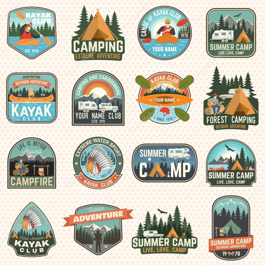 Set of camp and kayak club badges Vector. Concept for patch, shirt, print. Vintage design with camping, mountain, river, american indian, camper, kayaker silhouette. Extreme water sport kayak patches