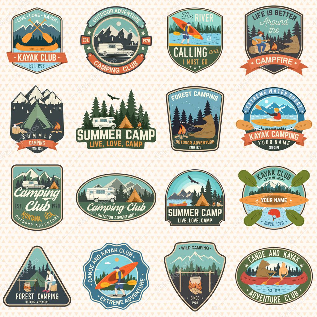 Set of camp and kayak club badges Vector. Concept for patch, print. Vintage design with camping, mountain, river, american indian, camper, kayaker silhouette. Extreme water sport kayak patches