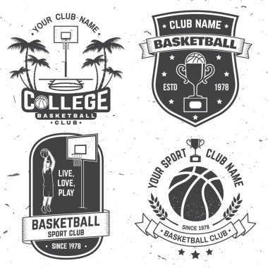 Basketbol kulübü rozeti kümesi. Vektör. Kavram forması, yazdırma, damga veya tee. Vintage tipografi tasarımı ile basketbol oyuncu, çember ve top siluet.