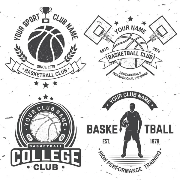 Set of basketball college club badge. Vector illustration. Concept for shirt, stamp or tee. Vintage typography design with basketball hoop, player and basketball ball silhouette.