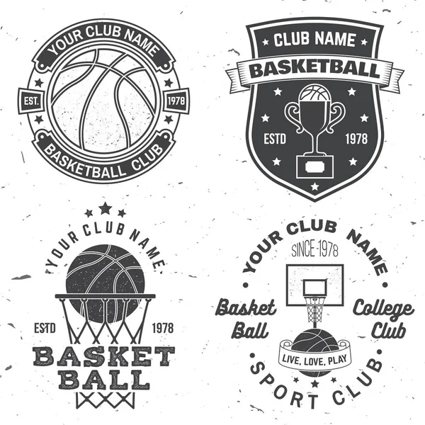 Set of basketball college club badge. Vector illustration. Concept for shirt, print or tee. Vintage typography design with basketball hoop and basketball ball silhouette.