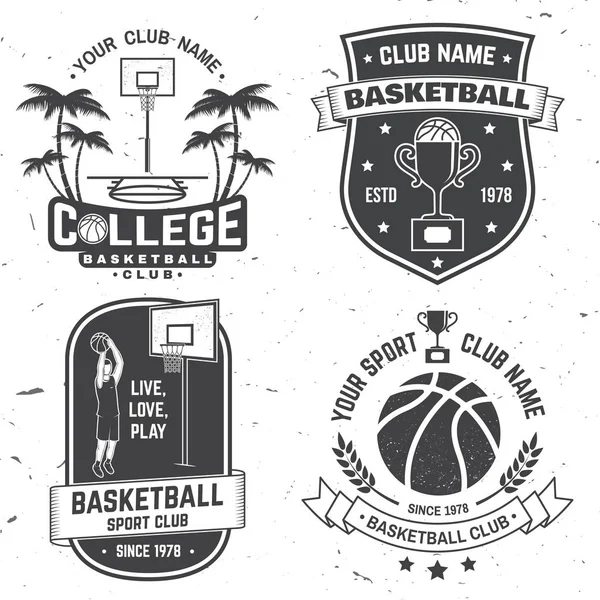 Set of basketball club badge. Vector. Concept for shirt, print, stamp or tee. Vintage typography design with basketball player, hoop and ball silhouette.