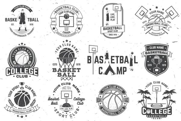 Conjunto de placa del club de baloncesto. Vector. Concepto para camisa, estampado, estampado o camiseta. Diseño tipográfico vintage con jugador de baloncesto, aro y silueta de pelota . — Foto de Stock