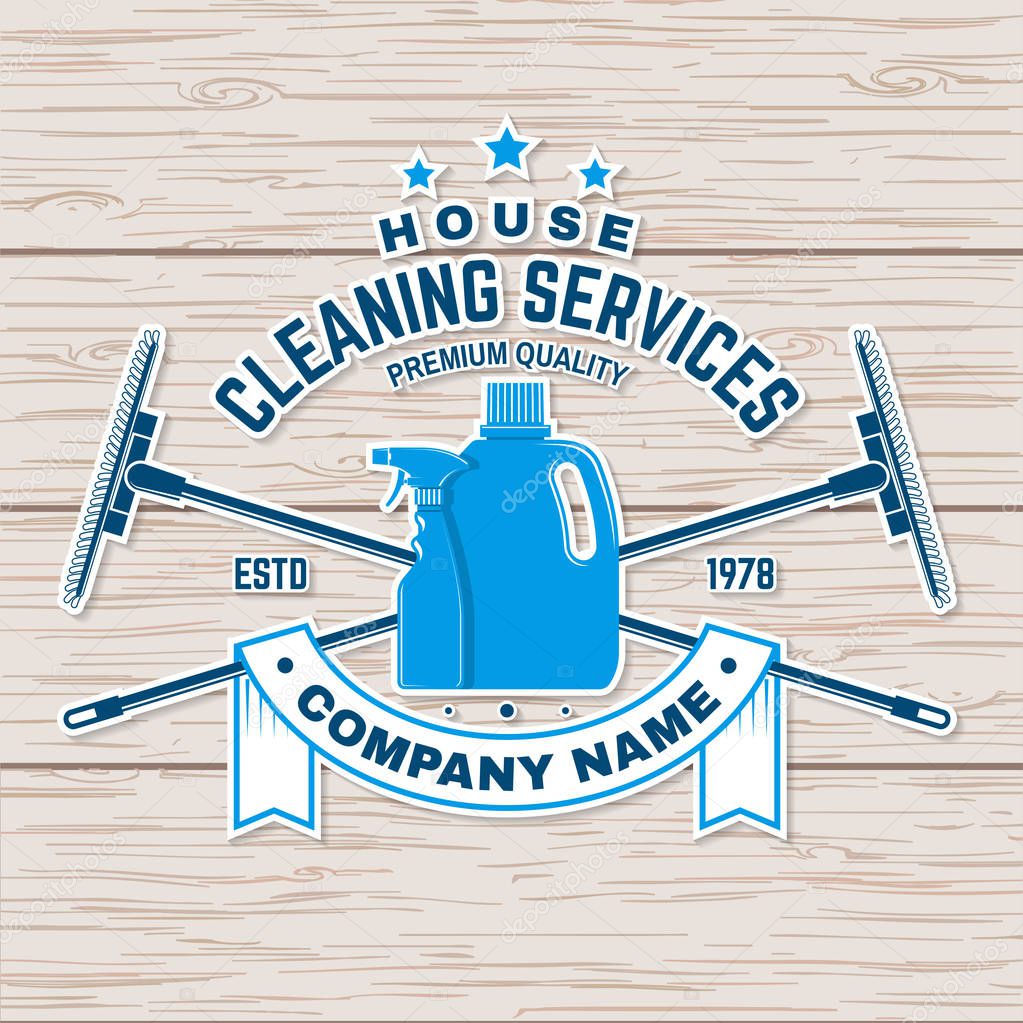 Cleaning company badge, emblem. Vector illustration. Concept for shirt, print, stamp or sticker. Vintage typography design with cleaning equipments. Cleaning service sign for company related business