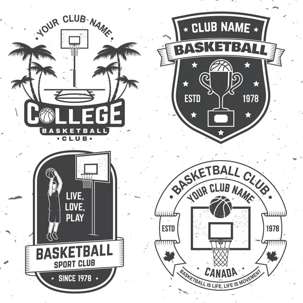 Conjunto de placa del club de baloncesto. Vector. Concepto para camisa, estampado, estampado o camiseta. Diseño tipográfico vintage con jugador de baloncesto, aro y silueta de pelota . — Vector de stock