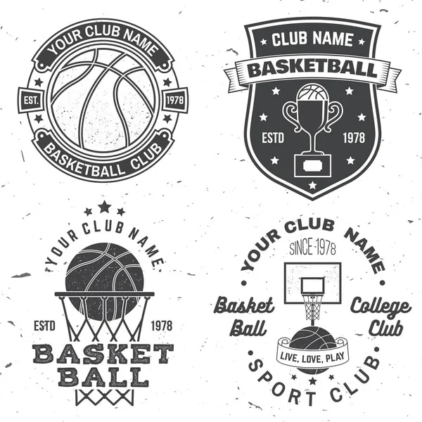 Set von Basketball College Club Abzeichen. Vektorillustration. Konzept für Hemd, Druck oder Tee. Vintage Typografie Design mit Basketballkorb und Basketballsilhouette. — Stockvektor