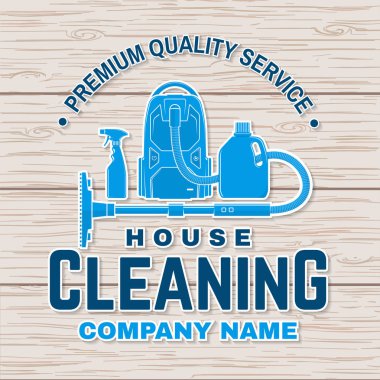 Temizlik şirket rozet, amblem. Vektör çizim. Etiket, damgası veya düzeltme eki için kavram. Temizleme aletleri vintage tipografi tasarımı. Temizlik hizmeti işareti şirket için iş ilgili