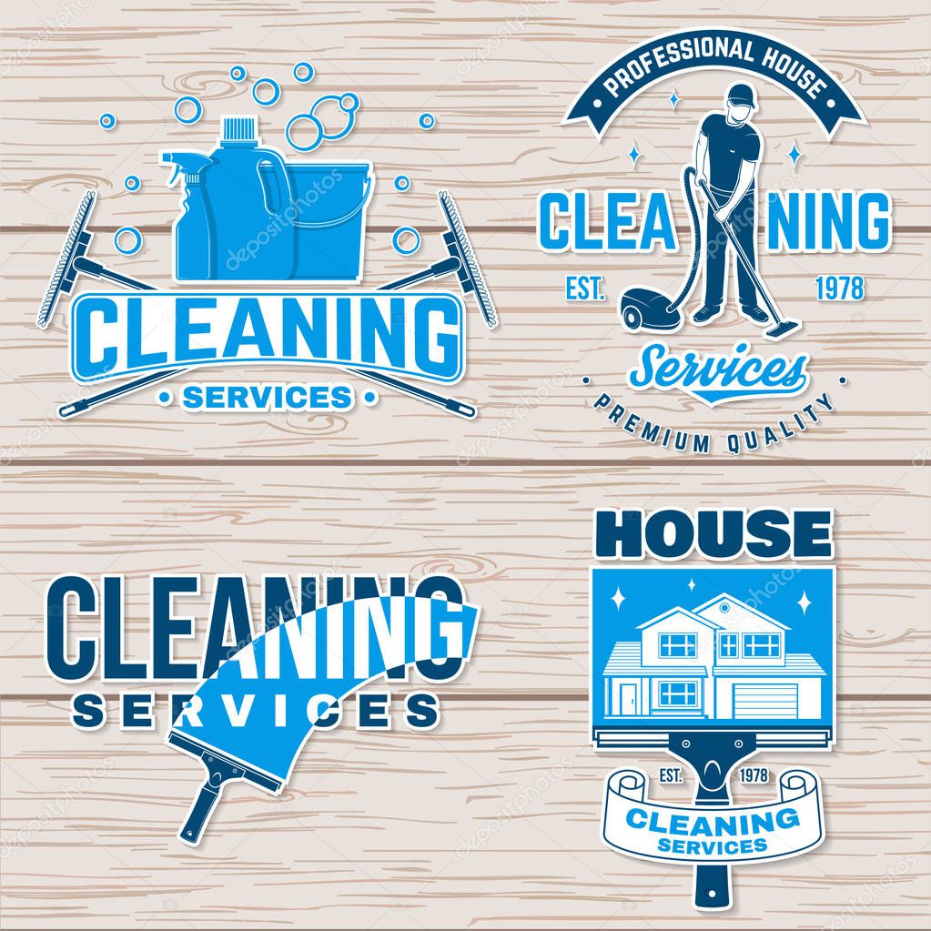 Cleaning company badge, emblem. Vector illustration. Concept for shirt, print, stamp or sticker. Vintage typography design with cleaning equipments. Cleaning service sign for company related business