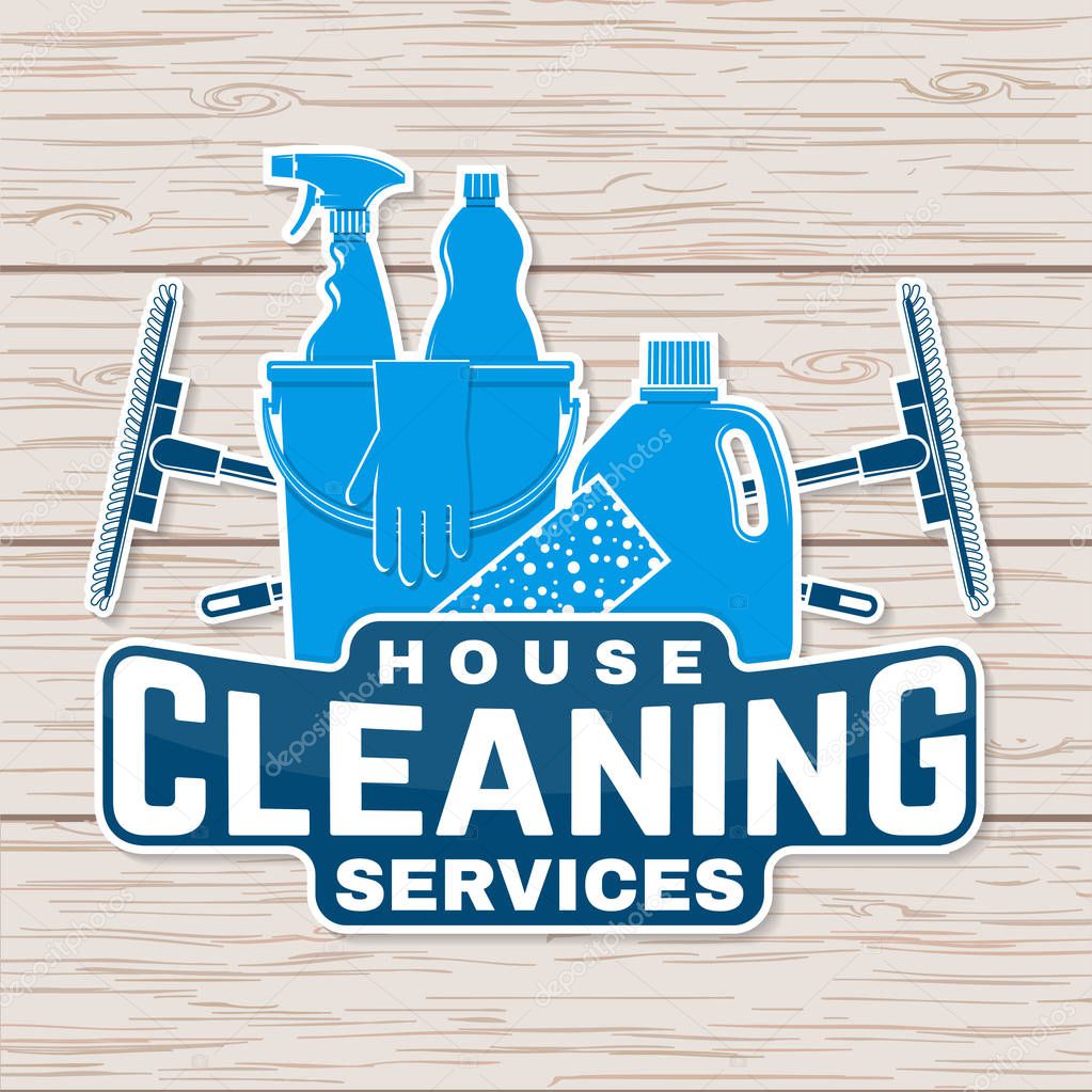 Cleaning company badge, emblem. Vector illustration. Concept for patch, print, stamp or sticker. Vintage typography design with cleaning equipments. Cleaning service sign for company related business