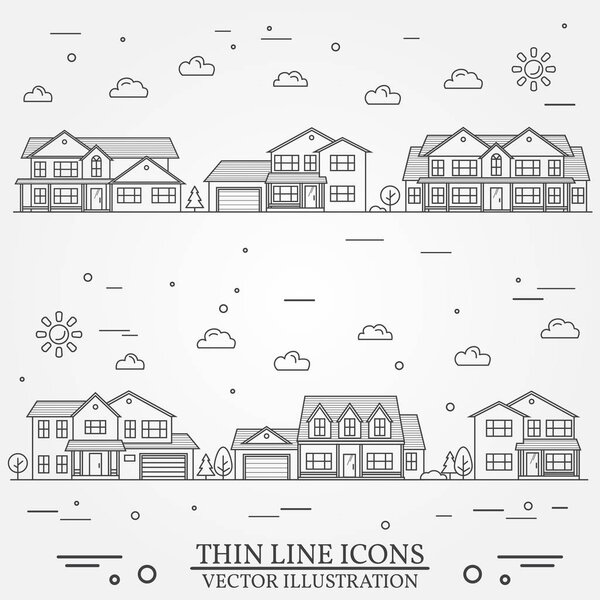 Neighborhood with homes illustrated. Vector thin line icon suburban american houses. For web design and application interface, also useful for infographics. Vector dark grey.