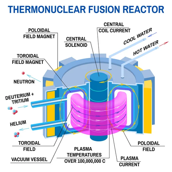 Diagrama do reactor de fusão termonuclear. Vector. Caminho para a nova energia. Dispositivo que recebe energia da fusão termonuclear de hidrogénio em hélio . — Vetor de Stock