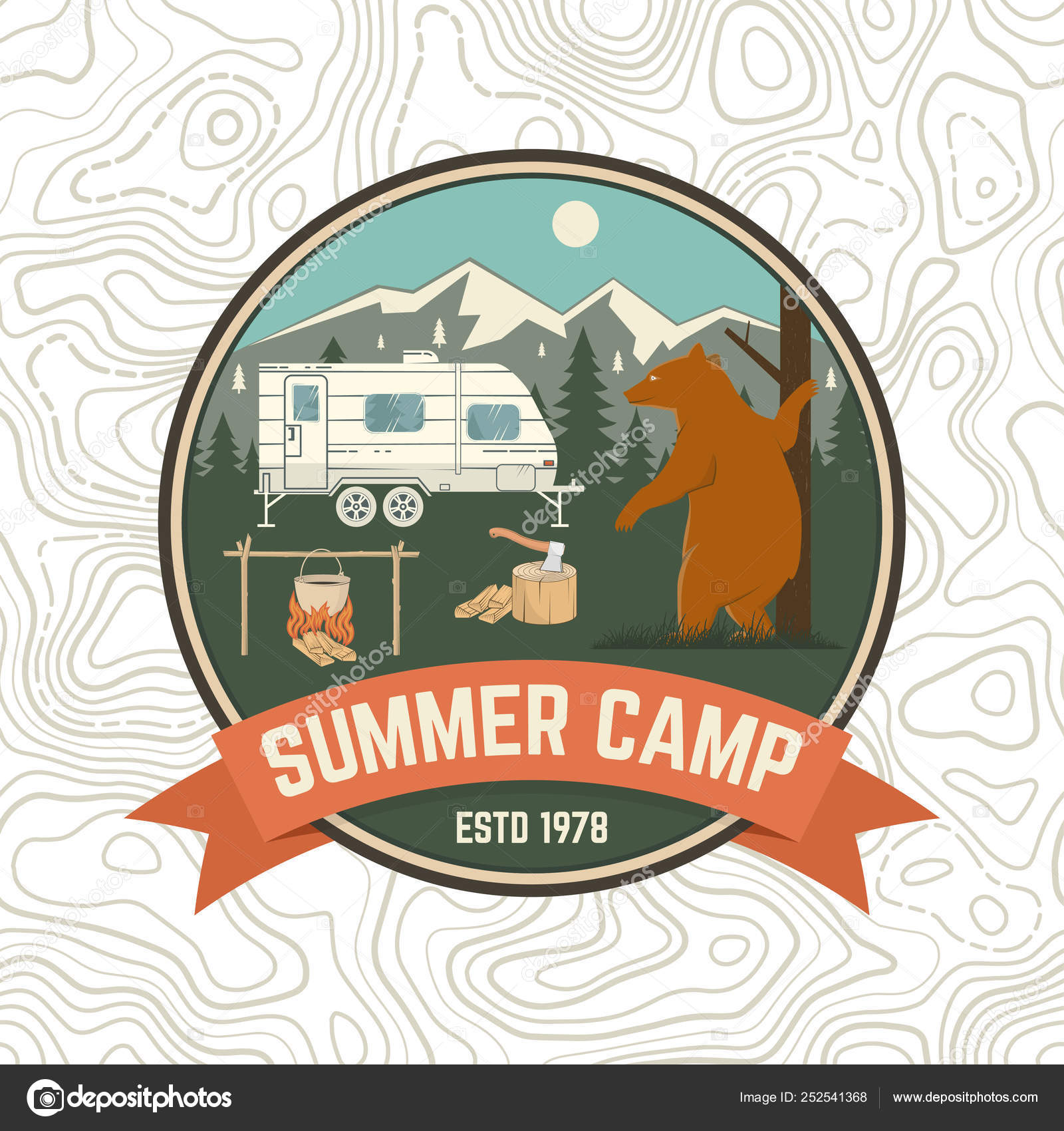 Summer Camp Vector Concept For Shirt Or Patch Print Stamp Vintage  Typography Design With Rv Trailer Camping Tent Campfire Bear Coffee Maker  Pocket Knife And Forest Silhouette Stock Illustration - Download Image