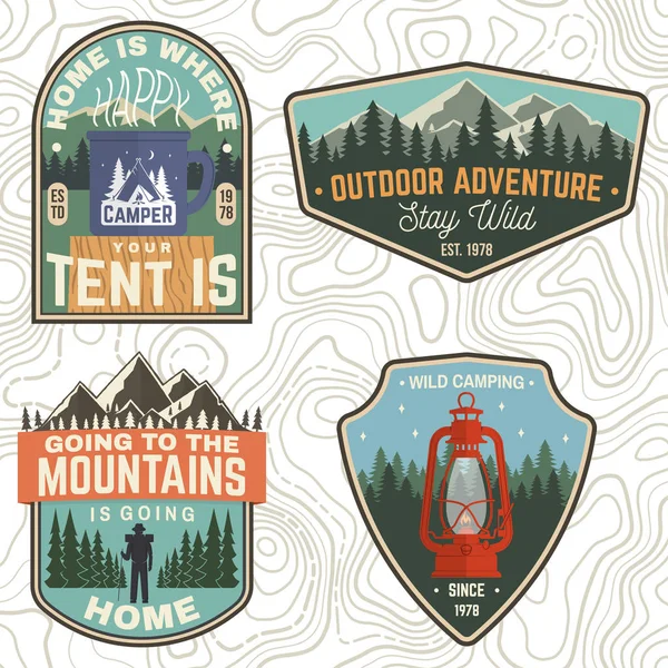 Set of Summer camp patches. Vector. Concept for shirt, stamp, apparel or tee. Vintage design with lantern, pocket knife, campin tent, axe, mountain, campfire and forest silhouette. — Stock Vector