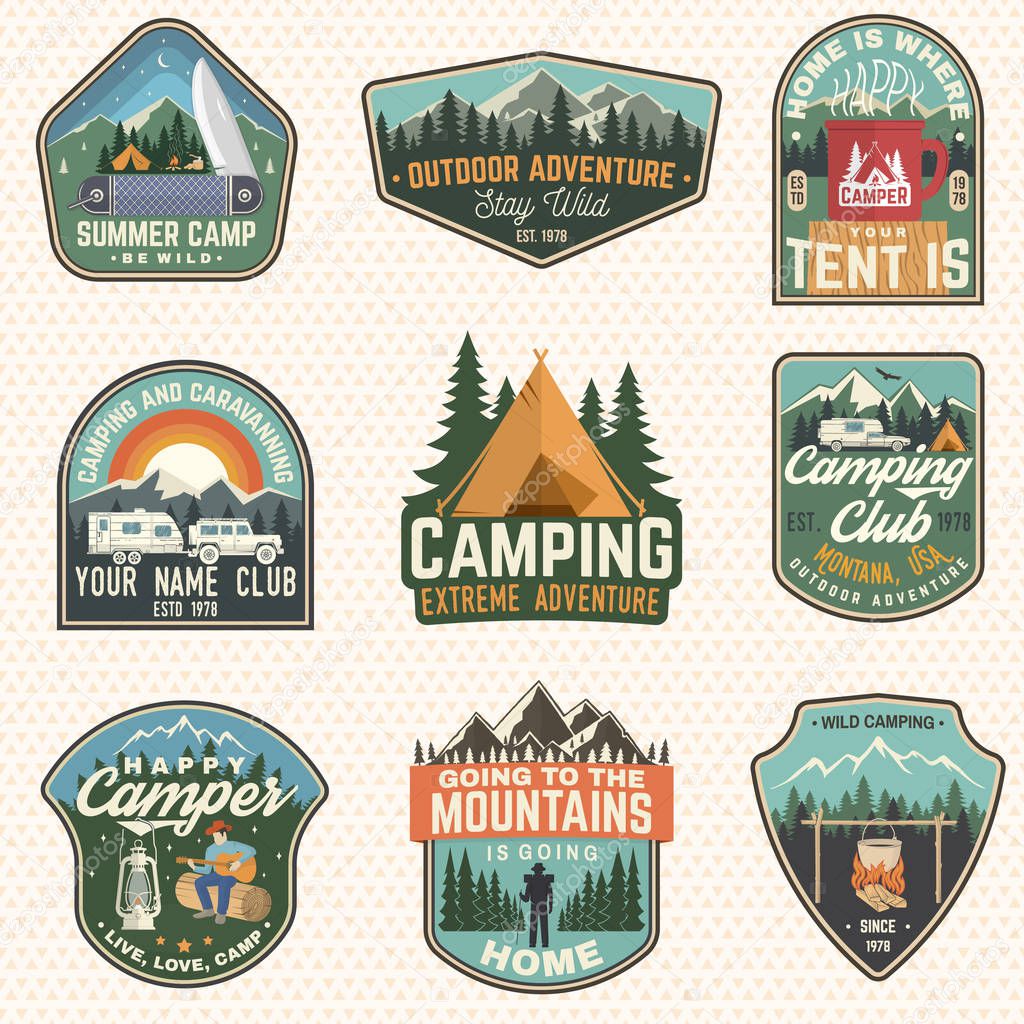 Set of Summer camp badges. Vector. Concept for shirt or logo, print, stamp, patch or tee. Vintage typography design with rv trailer, camping tent, campfire, bear, man with guitar and forest silhouette
