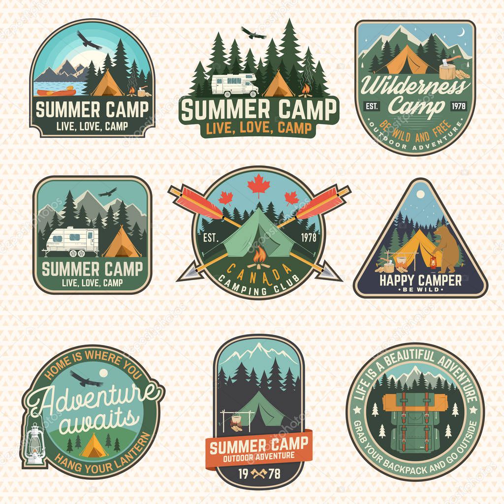 Set of Summer camp patches. Vector. Concept for shirt, print, stamp, apparel or tee. Vintage design with lantern, pocket knife, campin tent, axe, mountain, campfire and forest silhouette