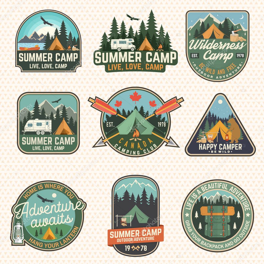 Set of Summer camp patches. Vector. Concept for shirt, stamp, apparel or tee. Vintage design with lantern, pocket knife, campin tent, axe, mountain, campfire and forest silhouette.