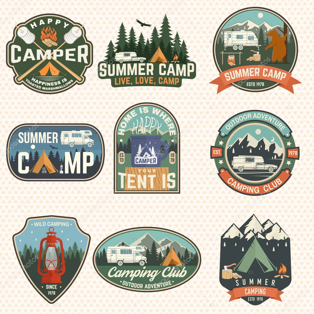 Set of Summer camp badges. Vector. Concept for shirt or logo, print, stamp, patch. Vintage typography design with rv trailer, camping tent, campfire, bear, marshmallow axe and forest silhouette