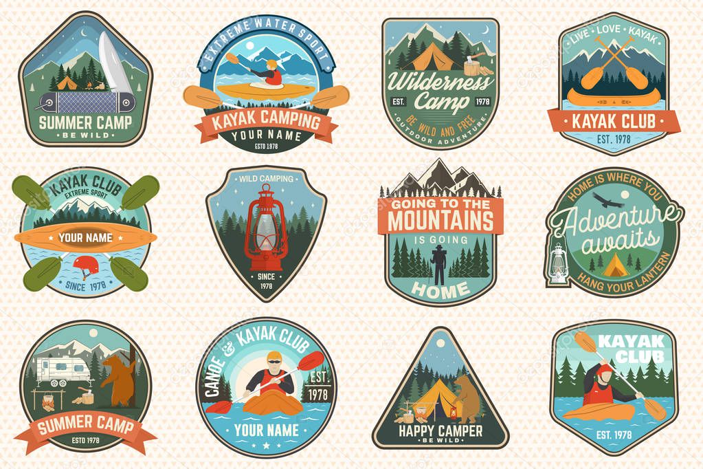 Set of summer camp, canoe and kayak club badges. Vector. For patch, stamp. Design with camping, mountain, lantern, tent, axe, mountain, campfire and kayaker. Extreme camp and water sport kayak patches