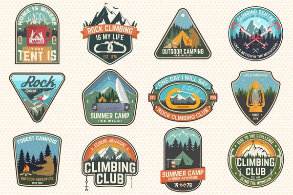 Set of Rock Climbing club and summer camp badges. Concept for shirt or print, stamp, patch or tee. Vintage typography design with camping tent, trailer, camper, climber, carabiner and mountains — Stock Vector