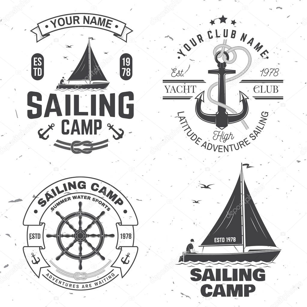 Set of summer sailing camp badge. Vector. Concept for shirt, print, stamp or tee. Vintage typography design with black sea anchors, hand wheel and rope knot silhouette. Best Sporting Activity