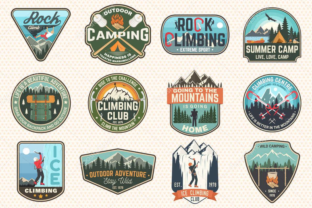 Set of Rock Climbing club and summer camp badges. Concept for shirt or print, stamp, patch or tee. Vintage typography design with camping tent, trailer, camper, climber, carabiner and mountains