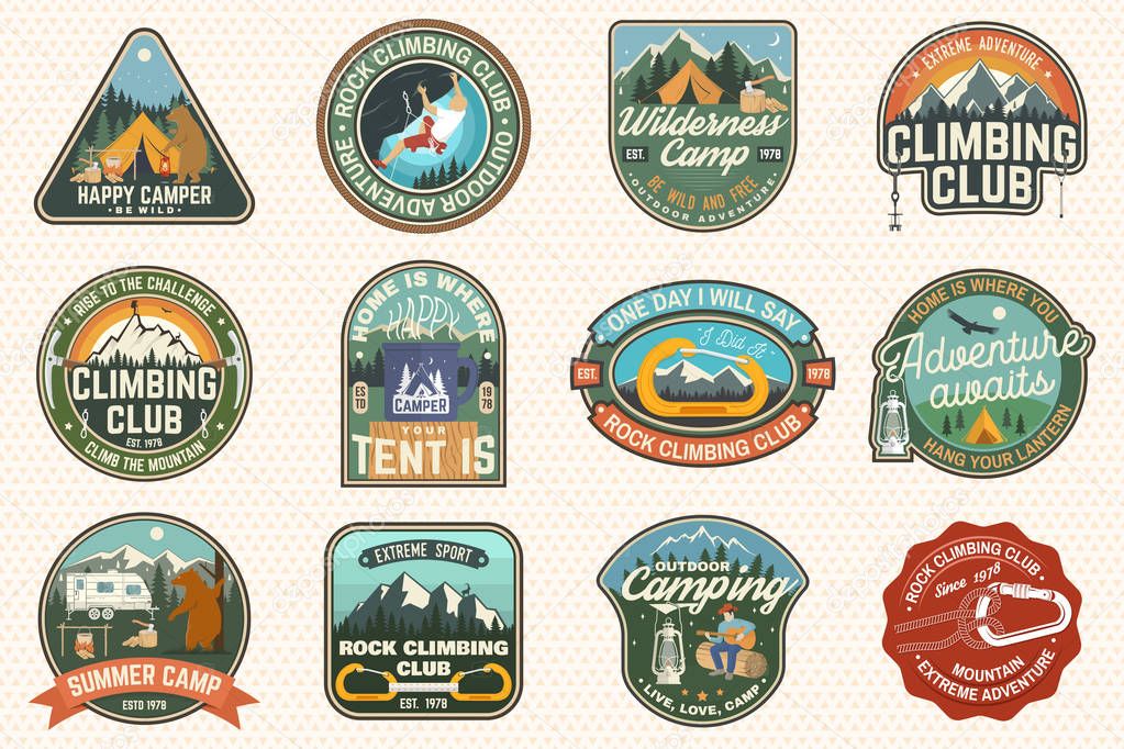 Set of Rock Climbing club and summer camp badges. Concept for shirt or print, stamp, patch or tee. Vintage typography design with camping tent, trailer, camper, climber, carabiner and mountains