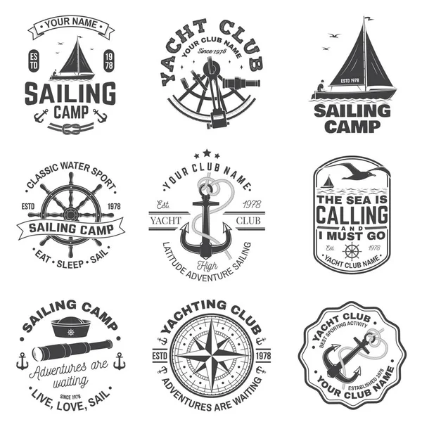 Set of sailing camp and yacht club badge. Vector. Concept for shirt, print or tee. Vintage typography design with black sea anchors, hand wheel, compass and sextant silhouette. — Stock Vector