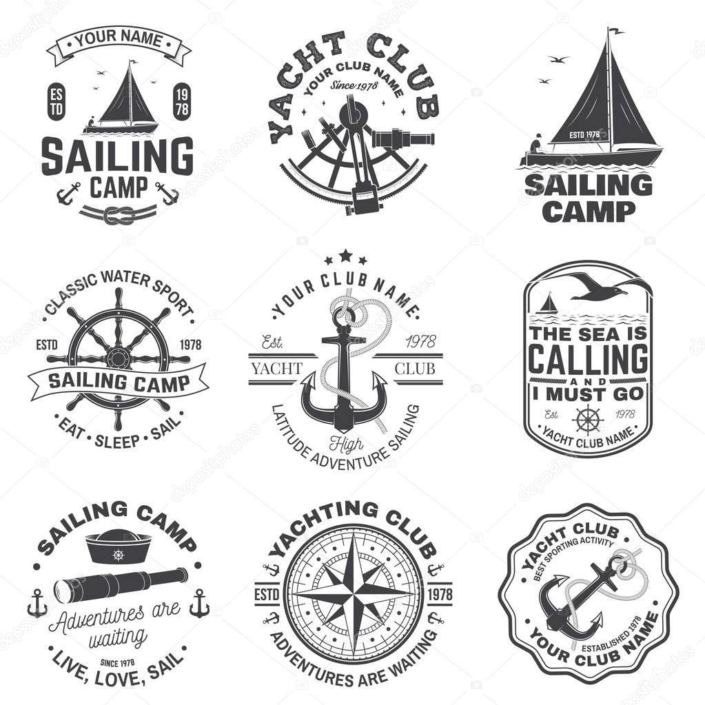 Set of sailing camp and yacht club badge. Vector. Concept for shirt, print, stamp or tee. Vintage typography design with black sea anchors, hand wheel, compass and sextant silhouette.