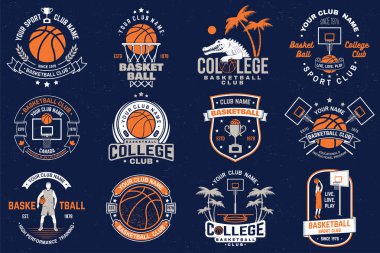 Basketbol kulübü rozeti kümesi. Vektör. Grafik tasarım t-shirt, tişört, baskı veya giyim için. Vintage tipografi tasarımı ile Basketbol çember ve topu siluet.
