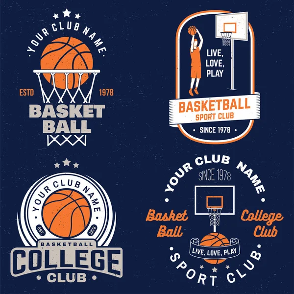 Conjunto de placa del club de baloncesto. Vector. Diseño gráfico para camiseta, camiseta, estampado o indumentaria. Diseño tipográfico vintage con aro de baloncesto y silueta de pelota . — Vector de stock