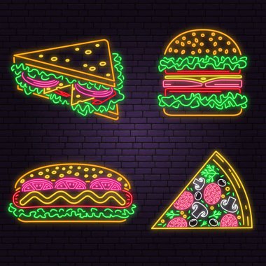 Retro neon burger, sandviç, sosisli sandviç ve pizza işareti tuğla duvar arka plan üzerinde. Kafe, restoran için tasarım. Vektör. Pub veya fast food iş için Neon tasarım. Işık işareti afiş. Cam tüp
