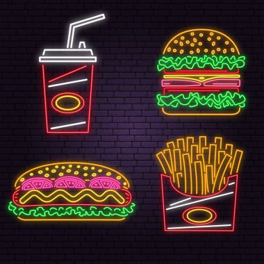 Retro neon burger, kola, sosisli sandviç ve patates kızartması tuğla duvar arka plan üzerinde işareti. Kafe için tasarım. Vektör. Pub veya fast food iş için Neon tasarım. Işık işareti afiş. Cam tüp