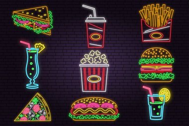 Retro neon burger, kola, patlamış mısır, patates kızartması ve tuğla duvar arka plan üzerinde fast food işareti. Kafe Vector için tasarım. Pub veya fast food iş için Neon tasarım. Işık işareti afiş. Cam tüp