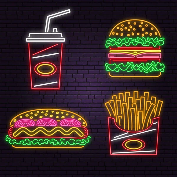 Retro neon burger, Cola, hot dog és hasábburgonyával jel téglafal háttérben. Design-kávézó. Vektor. Neon design pub vagy gyorsétterem. Könnyű jel banner. Üvegcső — Stock Vector