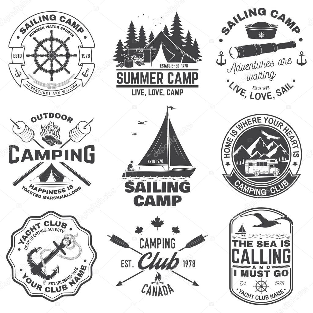 Set of Summer camp and sailing badges. Vector. Concept for shirt or print, stamp. Vintage typography design with trailer, camping tent, sea anchors, hand wheel, compass sextant silhouette